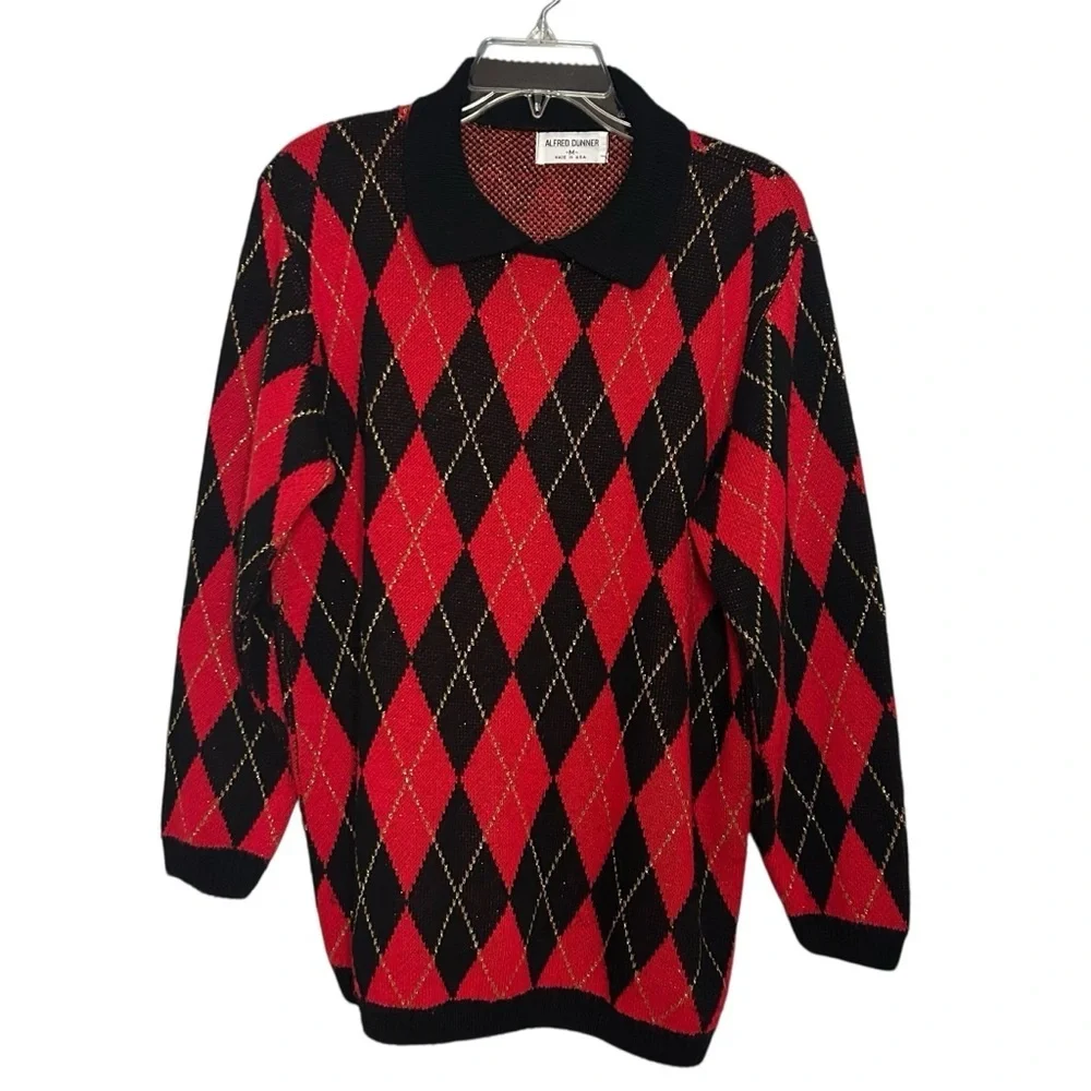 Alfred Dunner Vintage Argyle Sweater Red Black Gold | M | Made USA